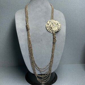 Fabric Flower Necklace 36 In Silver Seed Beads Black White Rhinestone Retro 80s